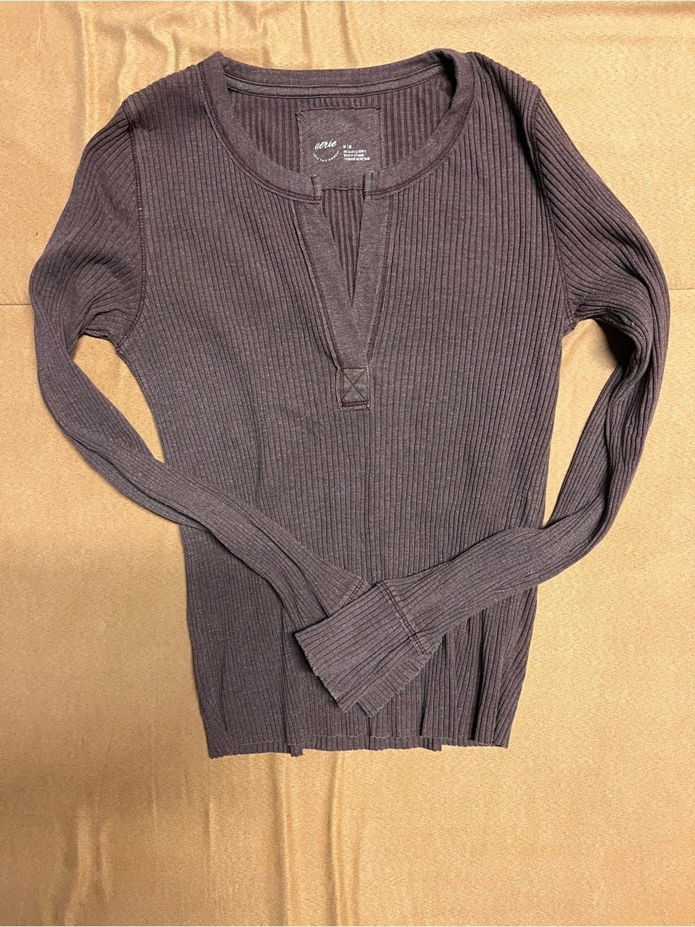 aerie Ribbed Long-Sleeve Henley Top in Charcoal Gray